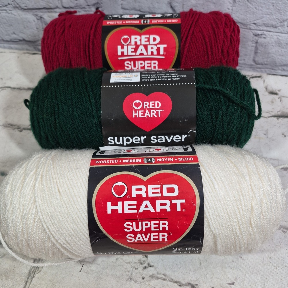 Red Heart Super Saver Yarn lot of 3 Burgundy Soft White Hunter Green 7oz Skeins